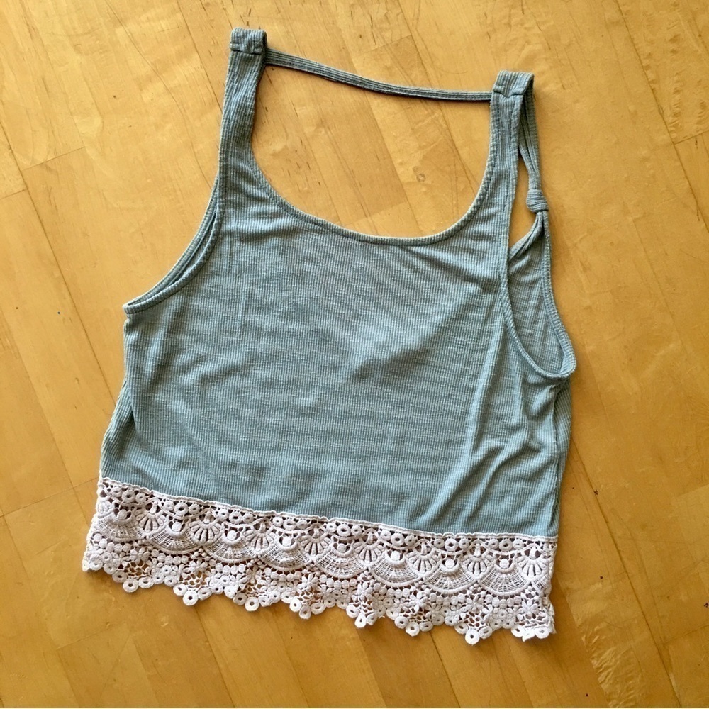 LAST CHANCE! Others Follow Crochet Hem, Ribbed Crop Tank, Green, Cream, Size S
